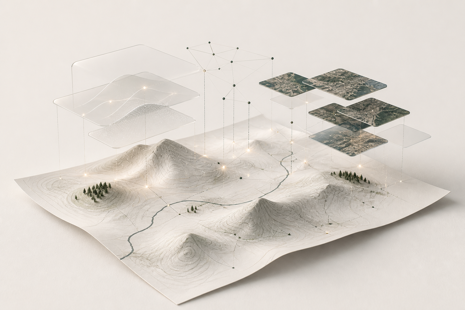 Abstract spatial intelligence visual with terrain, map layers and an AI network